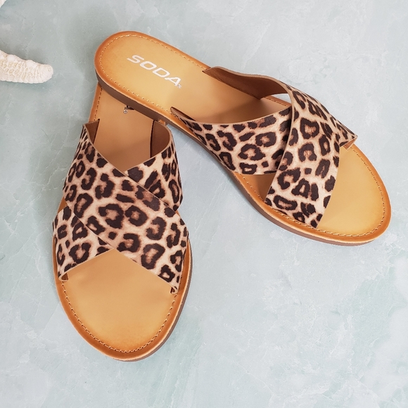 Soda Shoes - Last One! Leopard Print Criss Cross Slides
